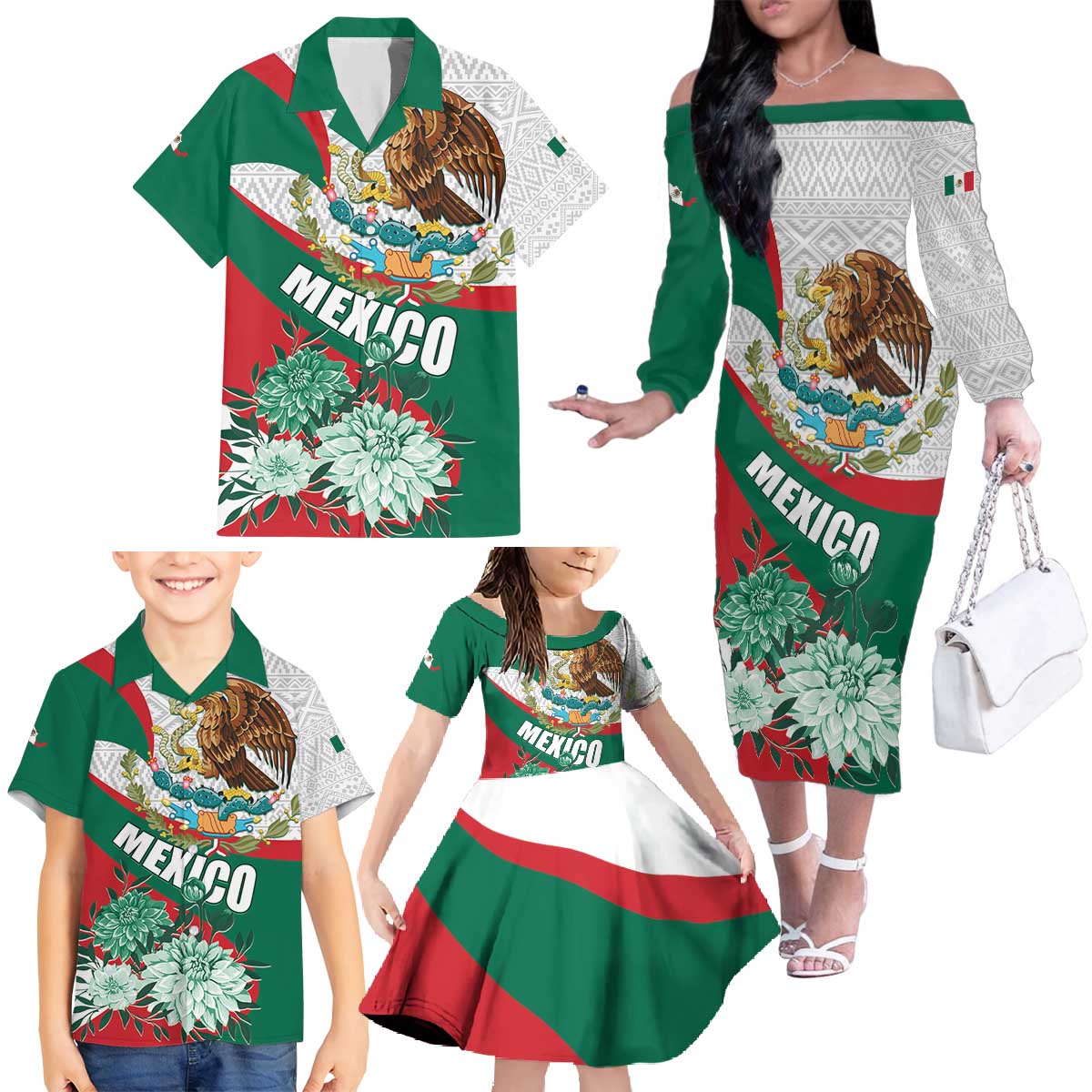 Mexico Independence Day Family Matching Off The Shoulder Long Sleeve Dress and Hawaiian Shirt Dahlia Flower Aztec Pattern - Wonder Print Shop
