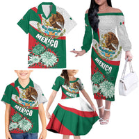 Mexico Independence Day Family Matching Off The Shoulder Long Sleeve Dress and Hawaiian Shirt Dahlia Flower Aztec Pattern - Wonder Print Shop