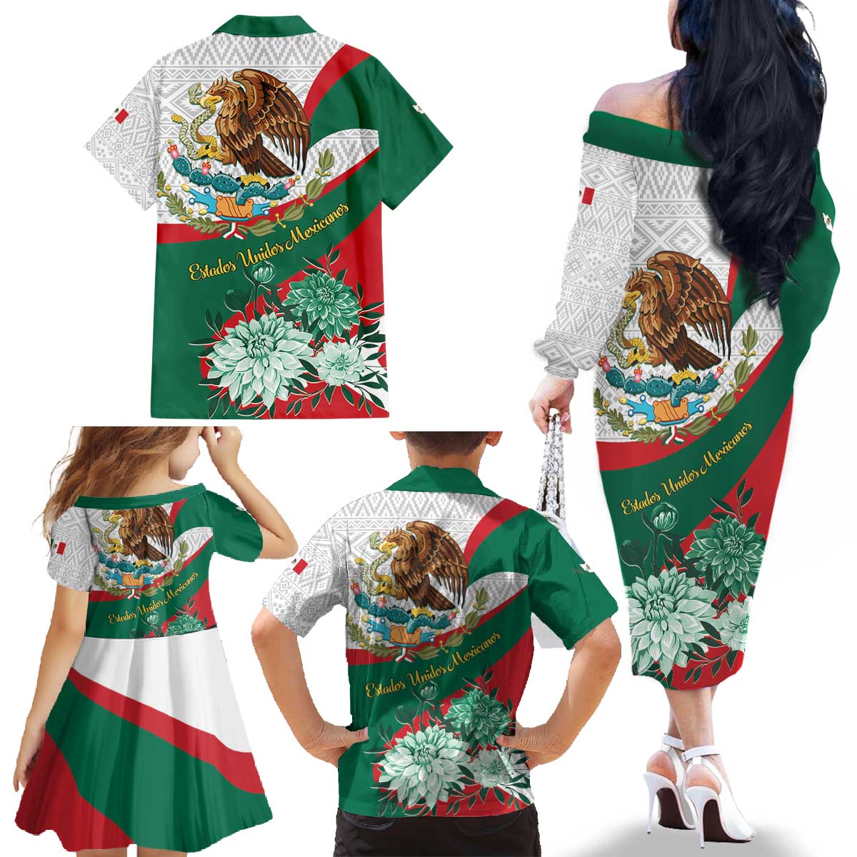 Mexico Independence Day Family Matching Off The Shoulder Long Sleeve Dress and Hawaiian Shirt Dahlia Flower Aztec Pattern - Wonder Print Shop