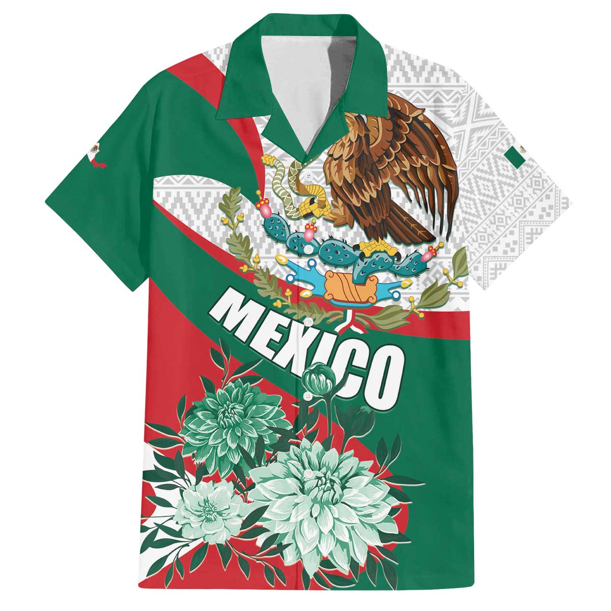 Mexico Independence Day Family Matching Off The Shoulder Long Sleeve Dress and Hawaiian Shirt Dahlia Flower Aztec Pattern - Wonder Print Shop