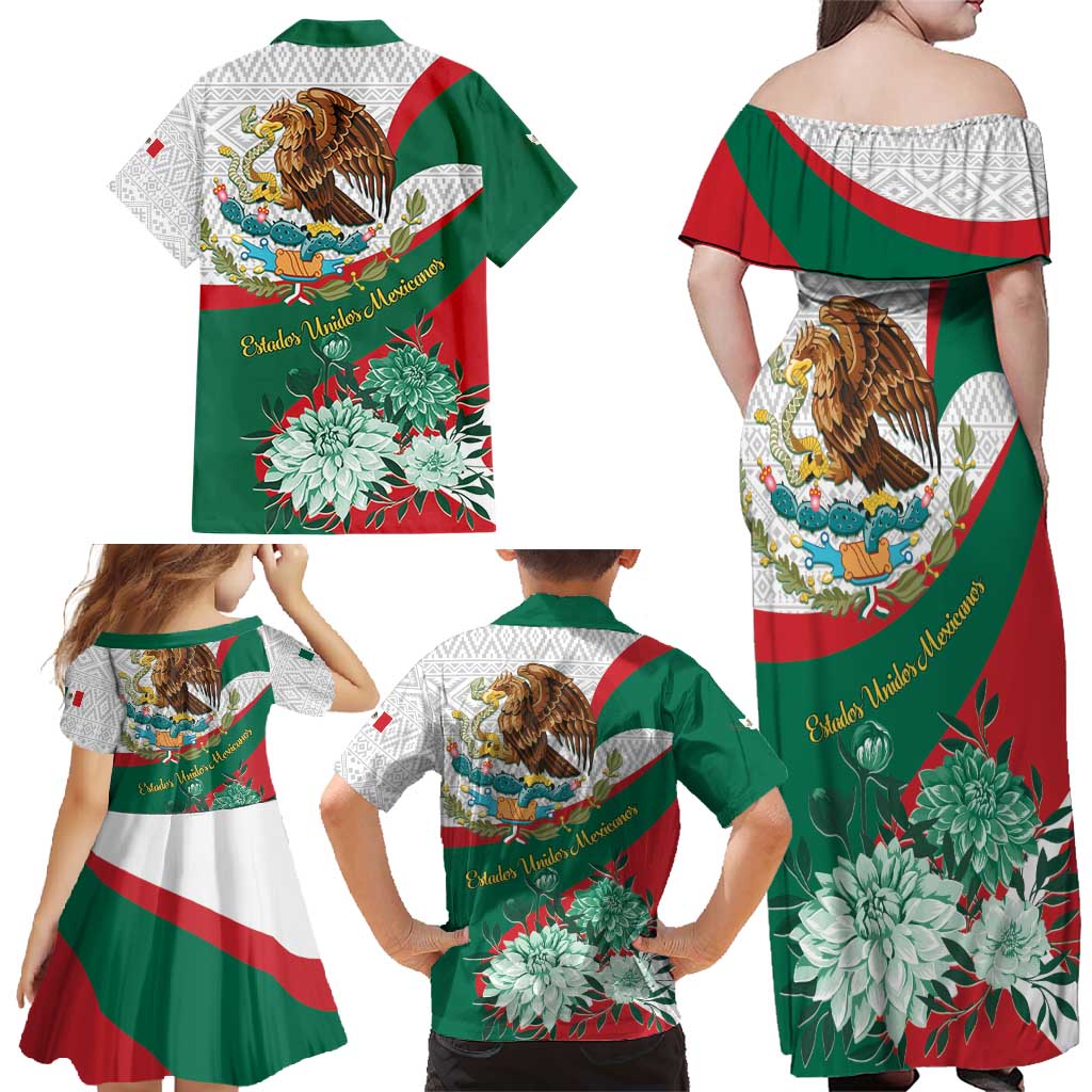 Mexico Independence Day Family Matching Off Shoulder Maxi Dress and Hawaiian Shirt Dahlia Flower Aztec Pattern - Wonder Print Shop