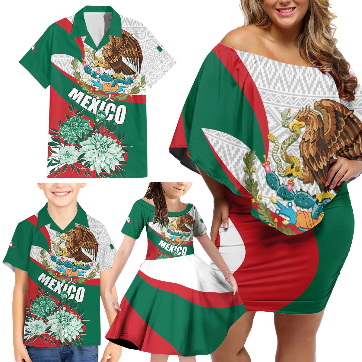 Mexico Independence Day Family Matching Off Shoulder Short Dress and Hawaiian Shirt Dahlia Flower Aztec Pattern - Wonder Print Shop