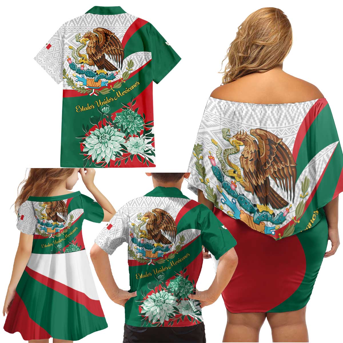 Mexico Independence Day Family Matching Off Shoulder Short Dress and Hawaiian Shirt Dahlia Flower Aztec Pattern - Wonder Print Shop