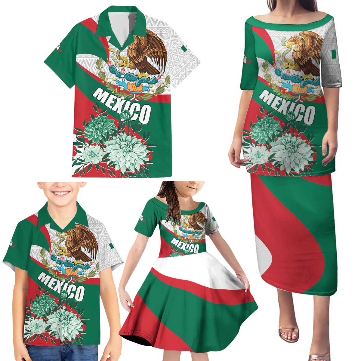Mexico Independence Day Family Matching Puletasi and Hawaiian Shirt Dahlia Flower Aztec Pattern - Wonder Print Shop