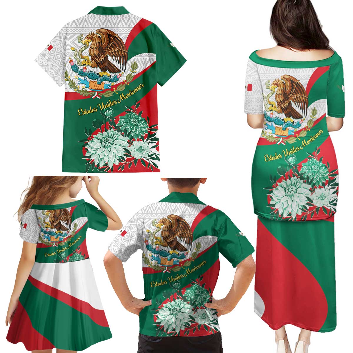 Mexico Independence Day Family Matching Puletasi and Hawaiian Shirt Dahlia Flower Aztec Pattern - Wonder Print Shop