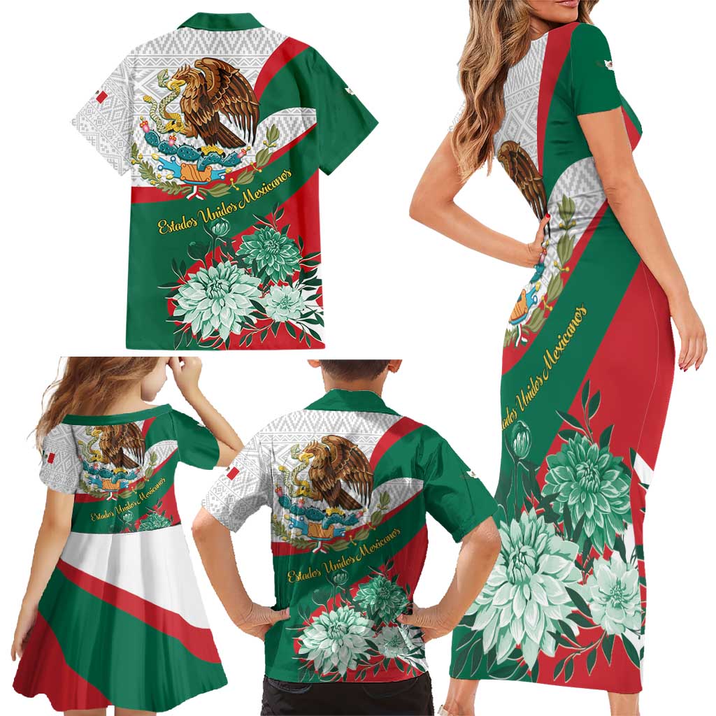 Mexico Independence Day Family Matching Short Sleeve Bodycon Dress and Hawaiian Shirt Dahlia Flower Aztec Pattern - Wonder Print Shop