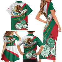 Mexico Independence Day Family Matching Short Sleeve Bodycon Dress and Hawaiian Shirt Dahlia Flower Aztec Pattern - Wonder Print Shop