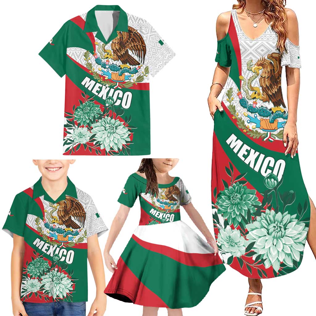 Mexico Independence Day Family Matching Summer Maxi Dress and Hawaiian Shirt Dahlia Flower Aztec Pattern - Wonder Print Shop