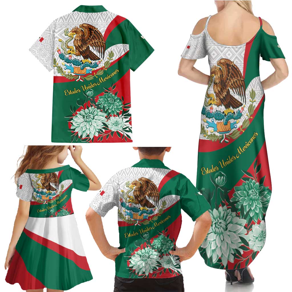 Mexico Independence Day Family Matching Summer Maxi Dress and Hawaiian Shirt Dahlia Flower Aztec Pattern - Wonder Print Shop