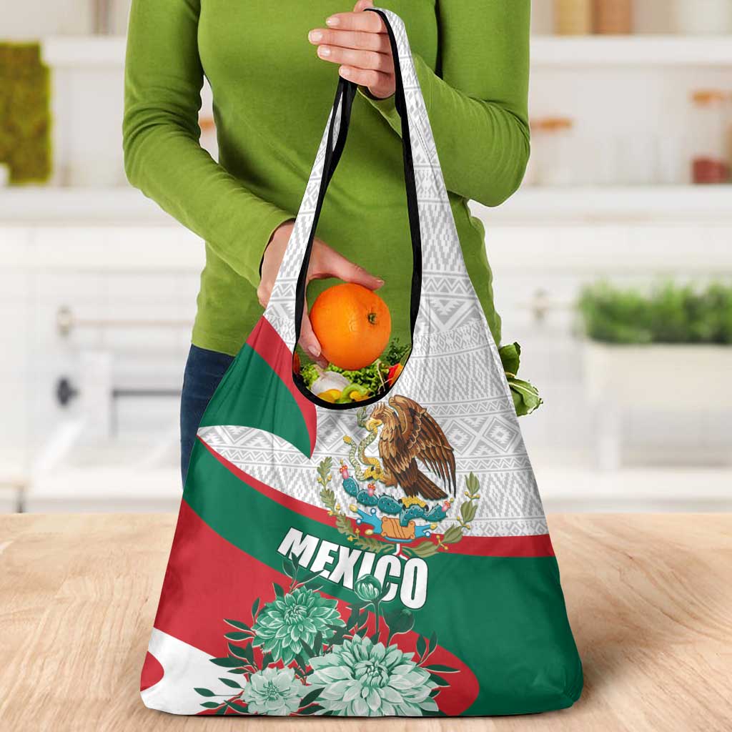 Mexico Independence Day Grocery Bag Dahlia Flower Aztec Pattern