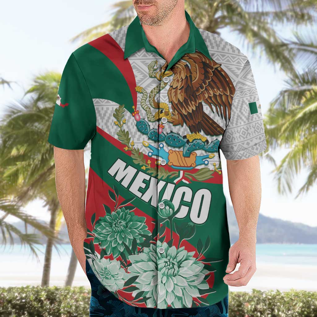 Mexico Independence Day Hawaiian Shirt Dahlia Flower Aztec Pattern - Wonder Print Shop