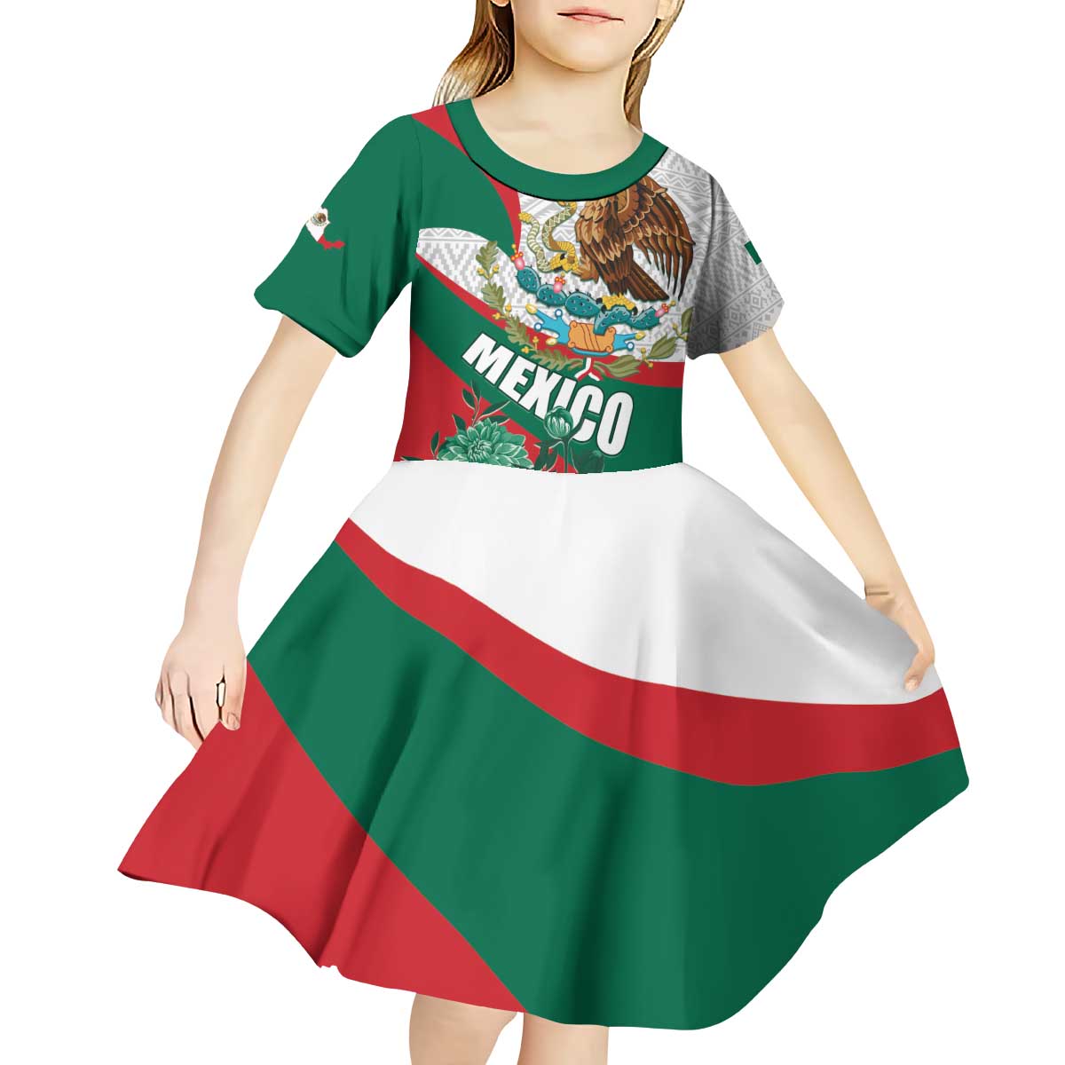Mexico Independence Day Kid Short Sleeve Dress Dahlia Flower Aztec Pattern - Wonder Print Shop