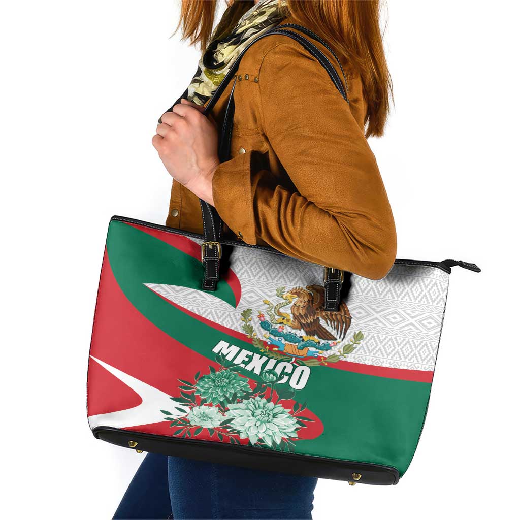 Mexico Independence Day Leather Tote Bag Dahlia Flower Aztec Pattern - Wonder Print Shop