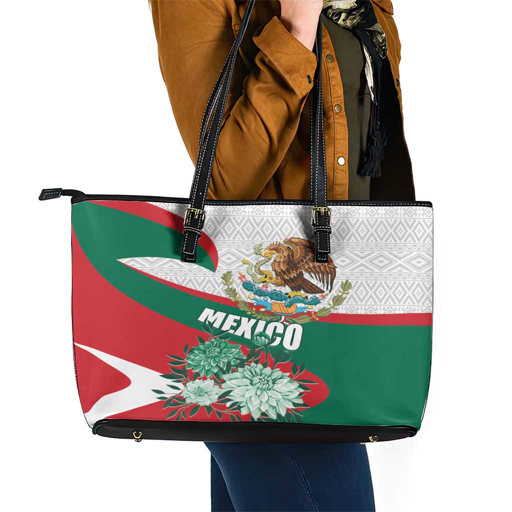 Mexico Independence Day Leather Tote Bag Dahlia Flower Aztec Pattern - Wonder Print Shop