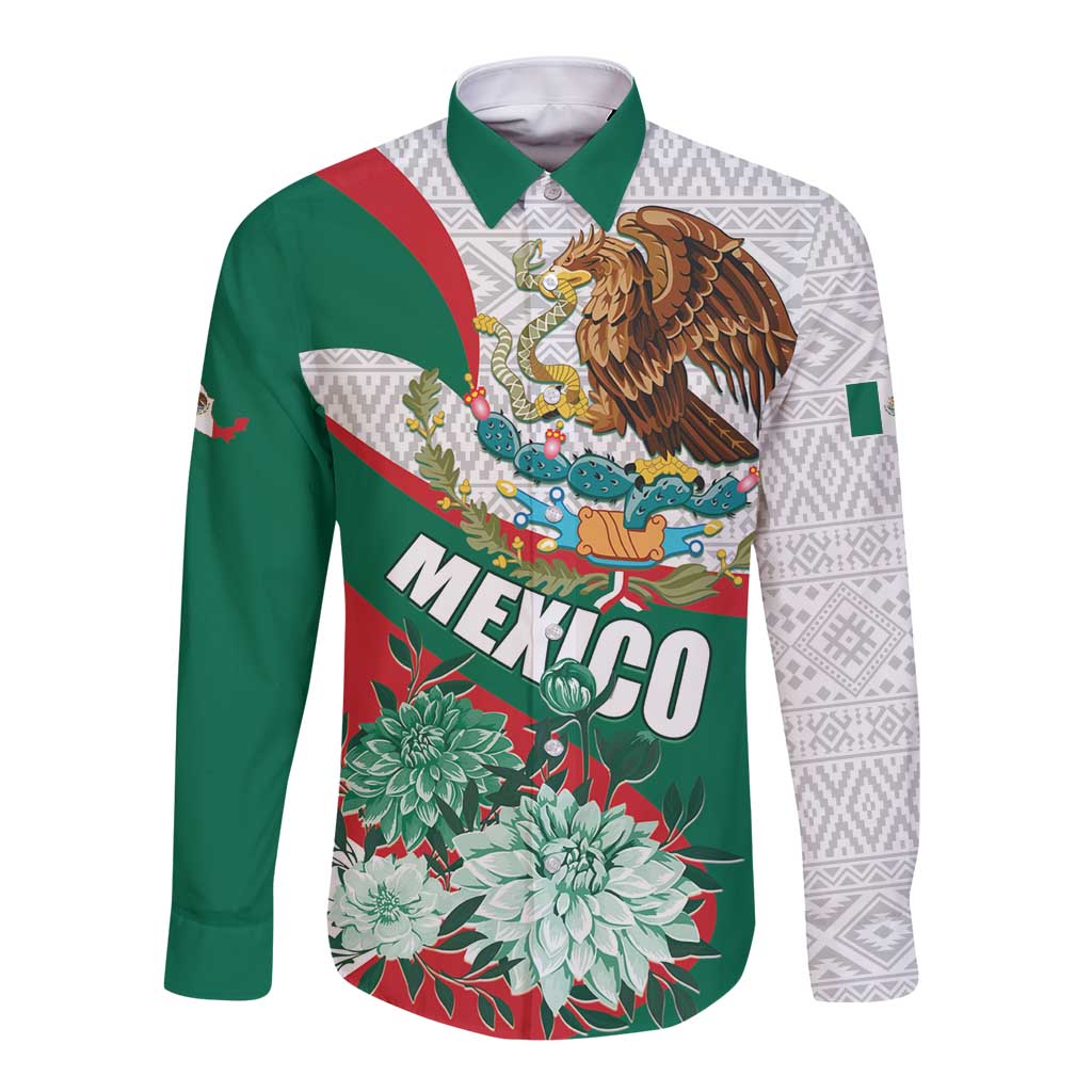 Mexico Independence Day Long Sleeve Button Shirt Dahlia Flower Aztec Pattern - Wonder Print Shop