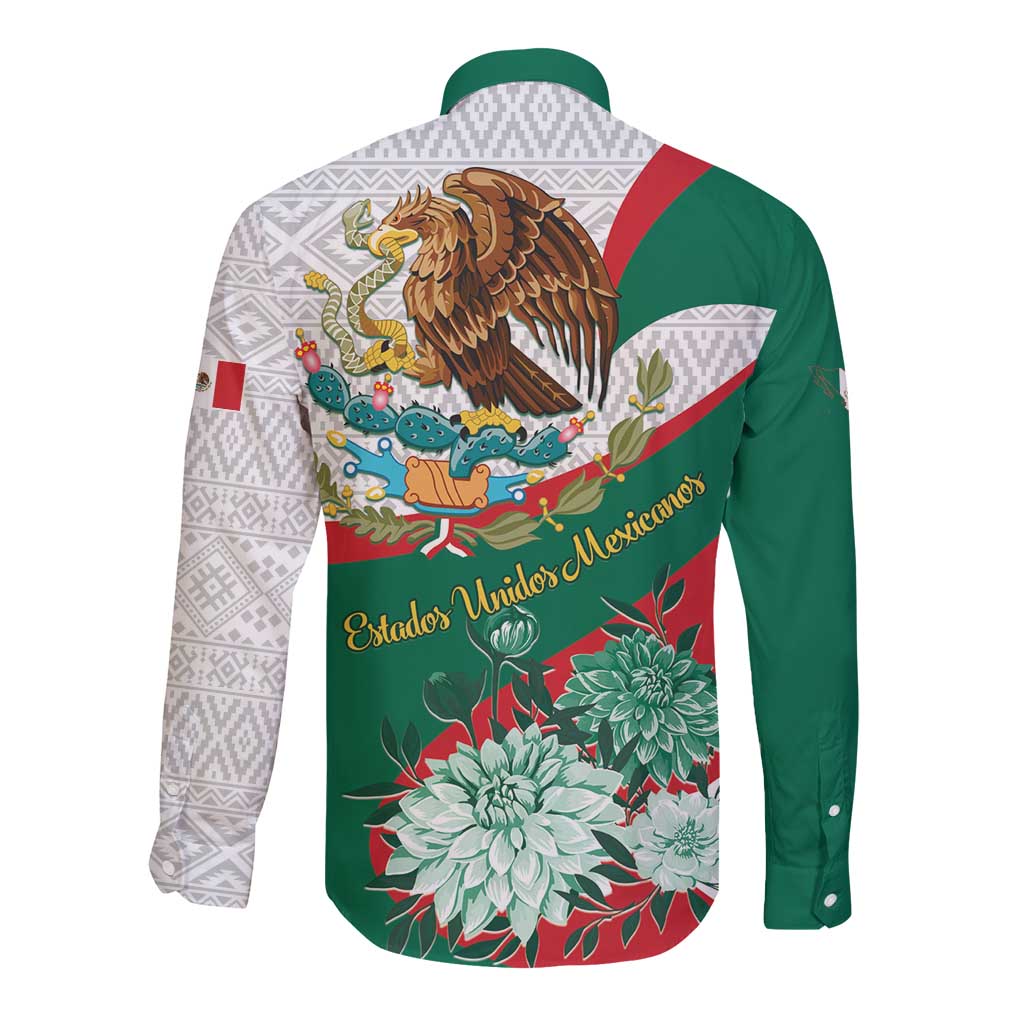 Mexico Independence Day Long Sleeve Button Shirt Dahlia Flower Aztec Pattern - Wonder Print Shop