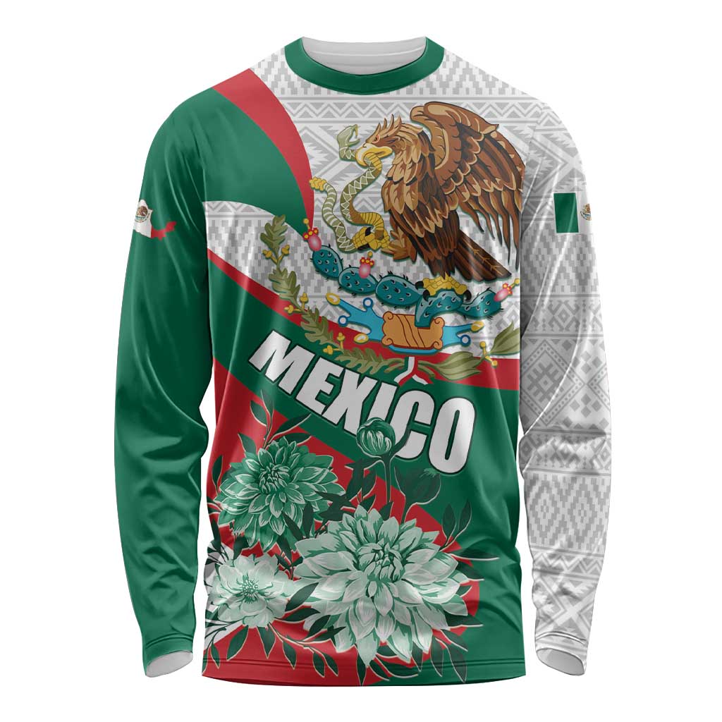Mexico Independence Day Long Sleeve Shirt Dahlia Flower Aztec Pattern - Wonder Print Shop