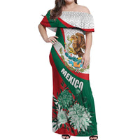 Mexico Independence Day Off Shoulder Maxi Dress Dahlia Flower Aztec Pattern - Wonder Print Shop