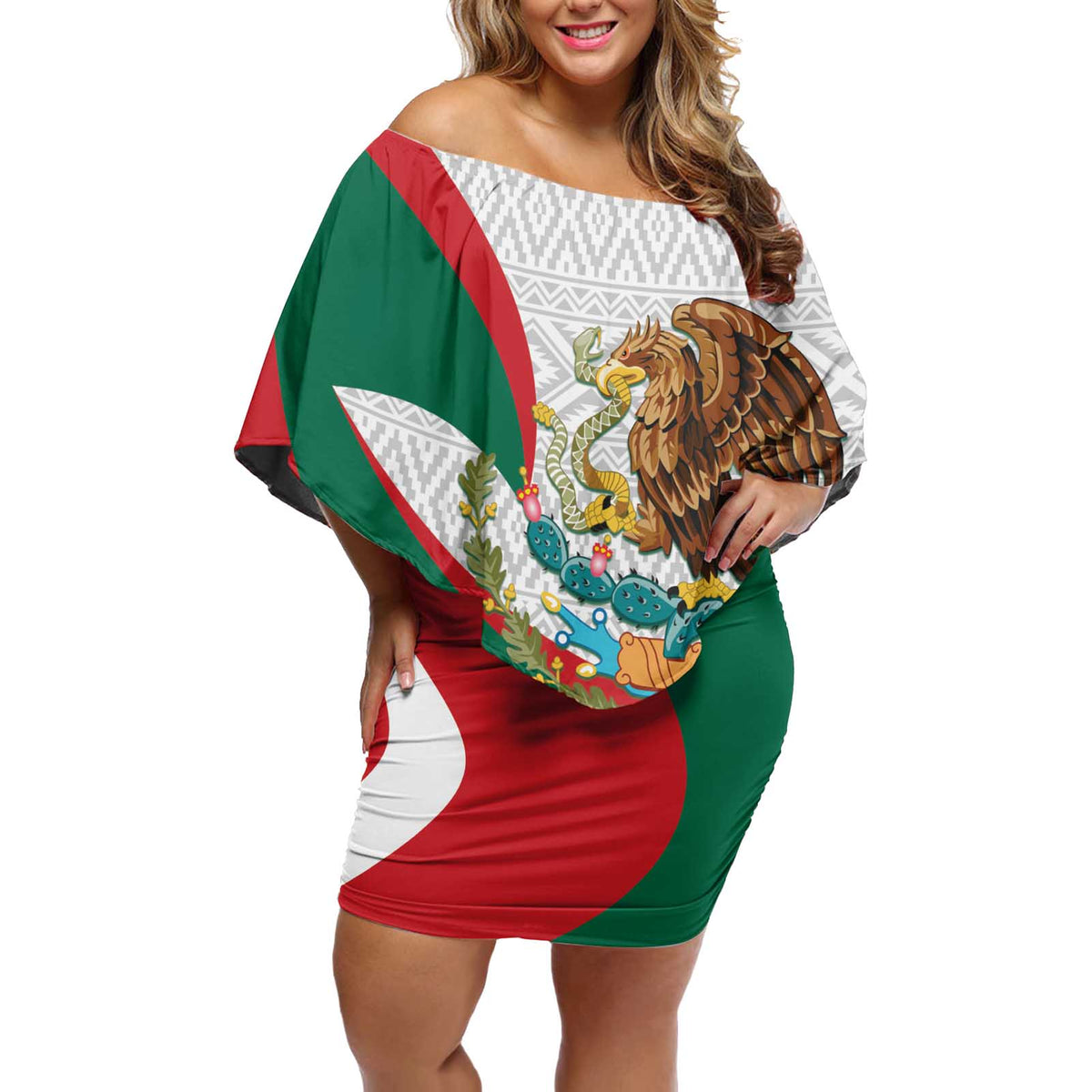 Mexico Independence Day Off Shoulder Short Dress Dahlia Flower Aztec Pattern - Wonder Print Shop