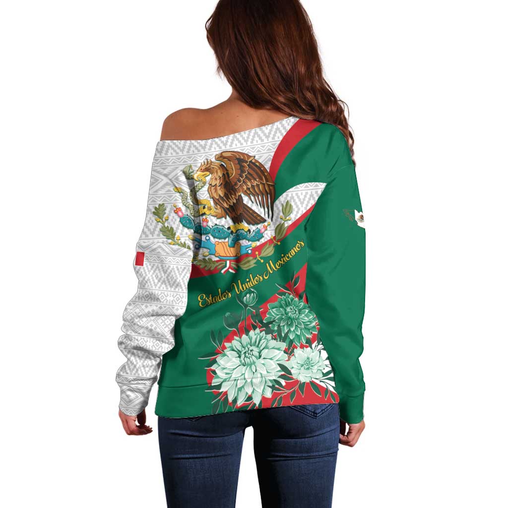Mexico Independence Day Off Shoulder Sweater Dahlia Flower Aztec Pattern - Wonder Print Shop