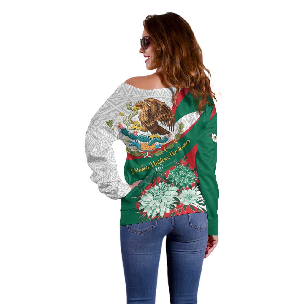 Mexico Independence Day Off Shoulder Sweater Dahlia Flower Aztec Pattern - Wonder Print Shop