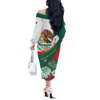 Mexico Independence Day Off The Shoulder Long Sleeve Dress Dahlia Flower Aztec Pattern - Wonder Print Shop