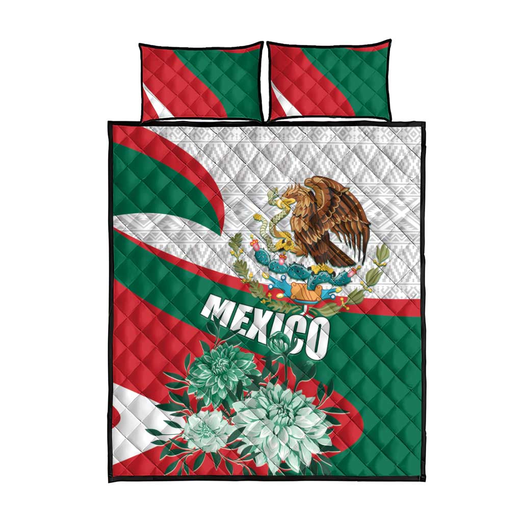 Mexico Independence Day Quilt Bed Set Dahlia Flower Aztec Pattern - Wonder Print Shop