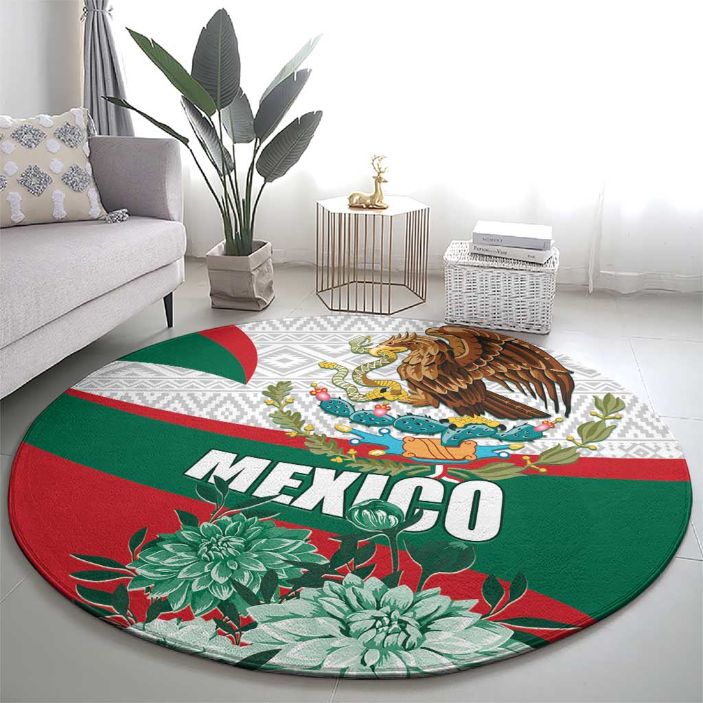 Mexico Independence Day Round Carpet Dahlia Flower Aztec Pattern