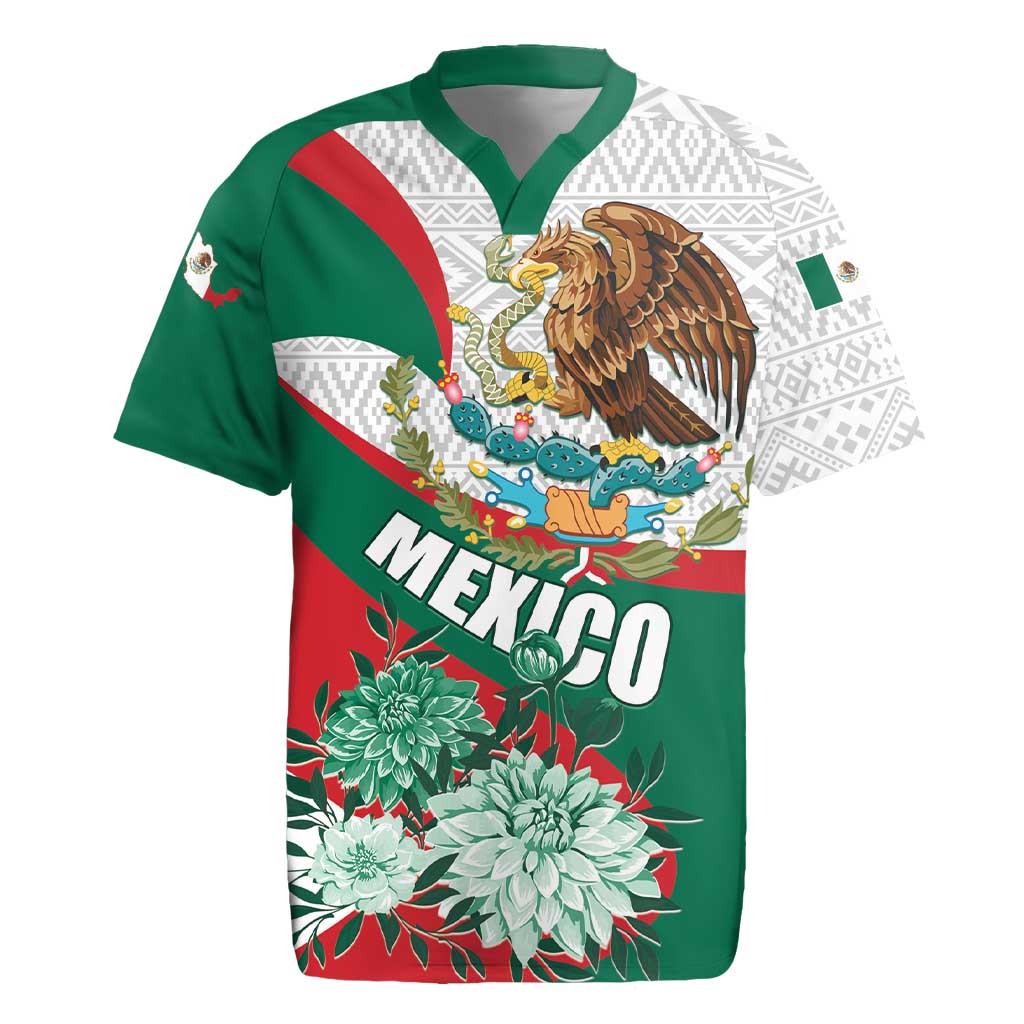 Mexico Independence Day Rugby Jersey Dahlia Flower Aztec Pattern - Wonder Print Shop