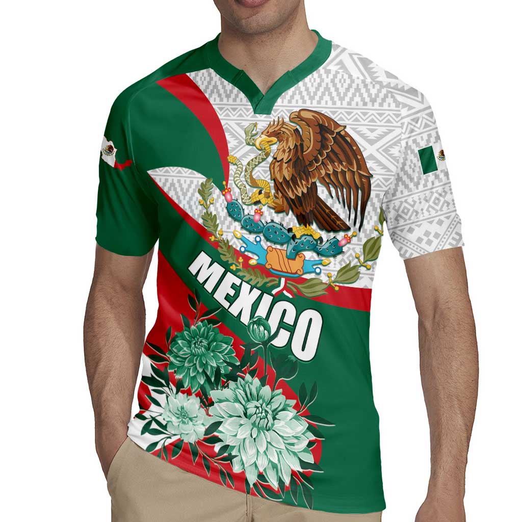 Mexico Independence Day Rugby Jersey Dahlia Flower Aztec Pattern - Wonder Print Shop