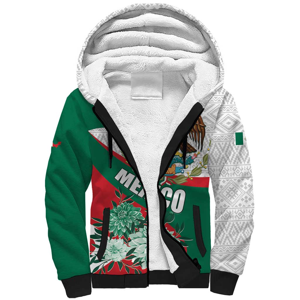 Mexico Independence Day Sherpa Hoodie Dahlia Flower Aztec Pattern - Wonder Print Shop