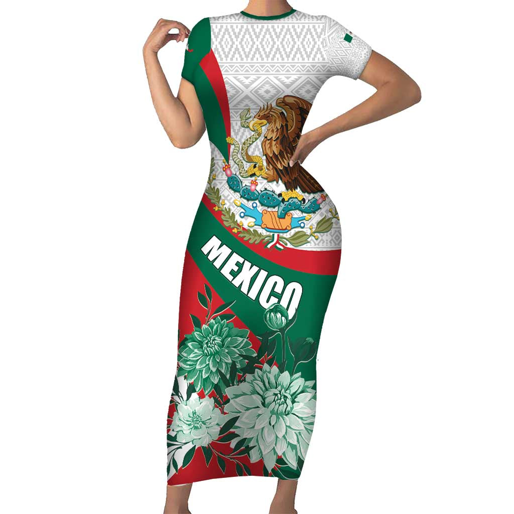 Mexico Independence Day Short Sleeve Bodycon Dress Dahlia Flower Aztec Pattern LT01