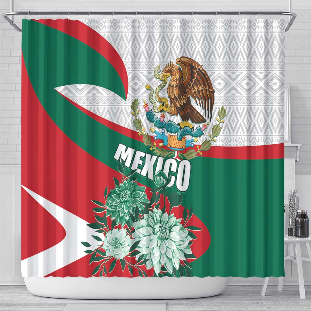 Mexico Independence Day Shower Curtain Dahlia Flower Aztec Pattern
