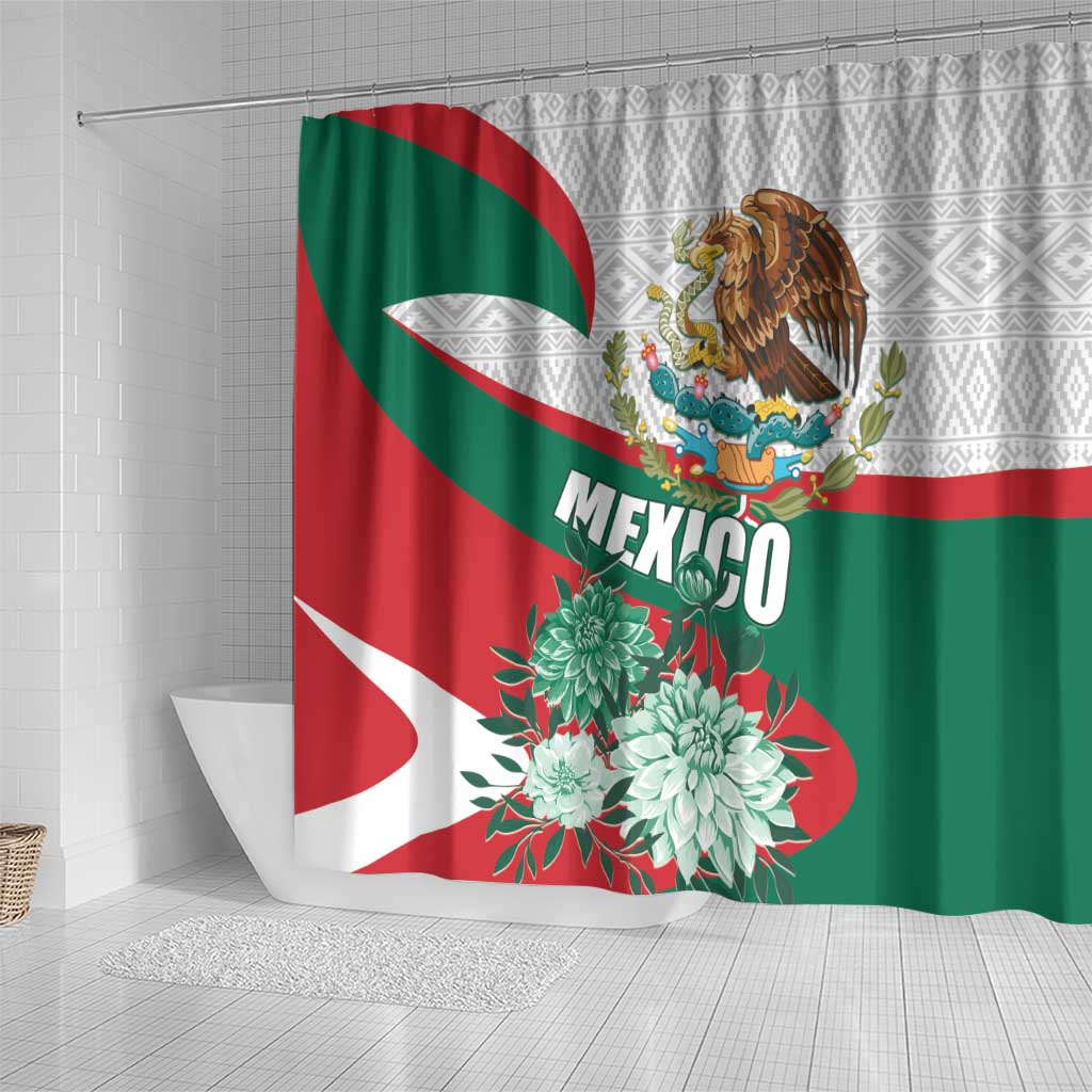 Mexico Independence Day Shower Curtain Dahlia Flower Aztec Pattern