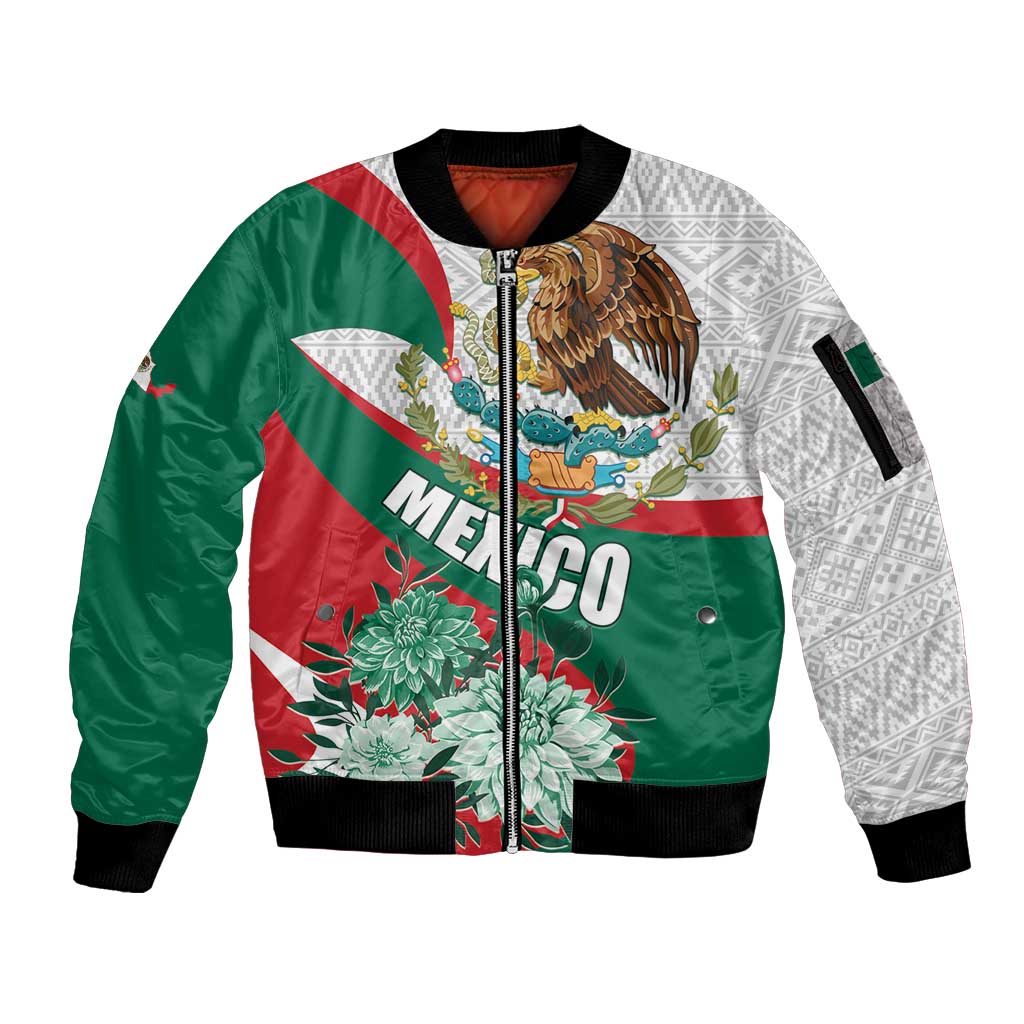 Mexico Independence Day Sleeve Zip Bomber Jacket Dahlia Flower Aztec Pattern - Wonder Print Shop
