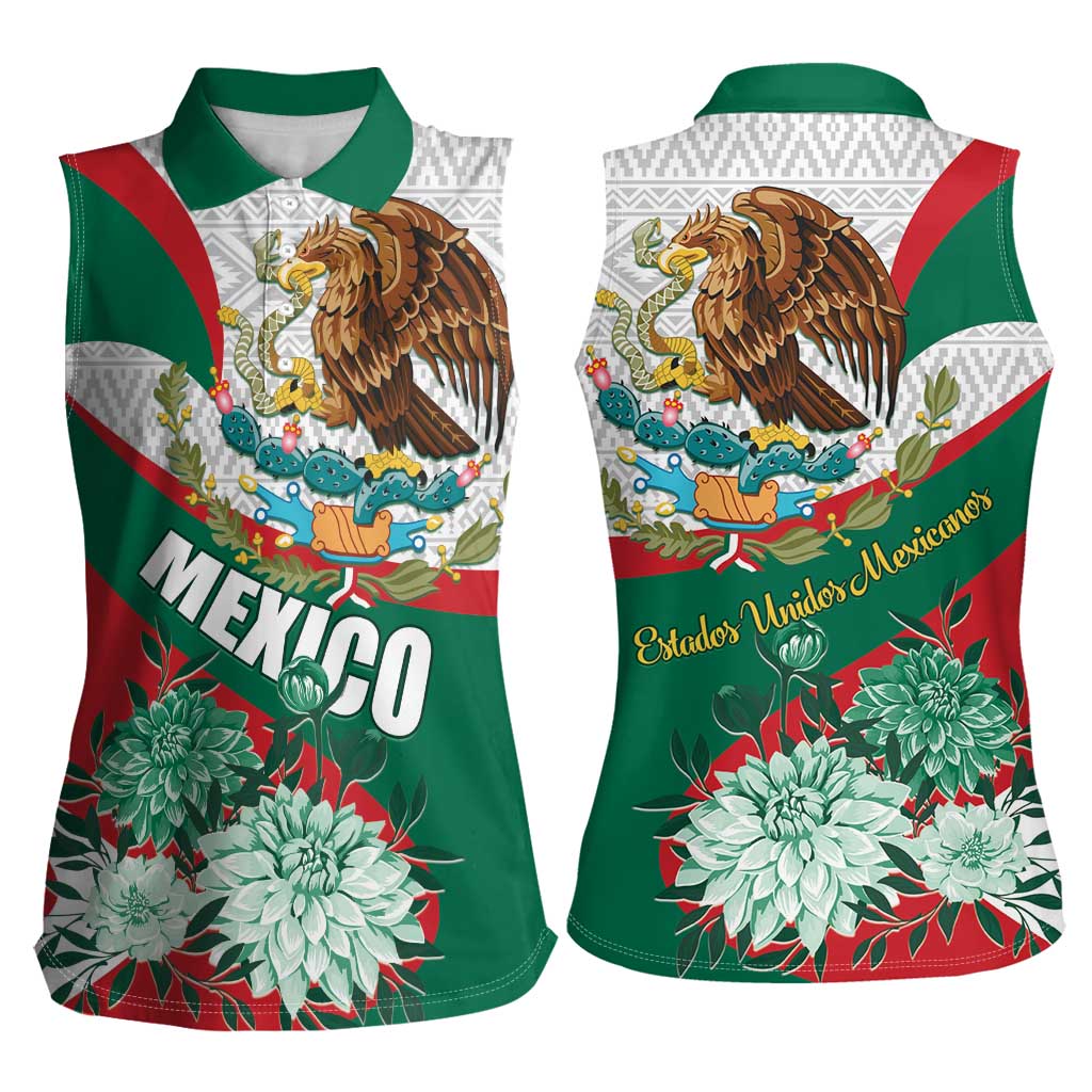Mexico Independence Day Women Sleeveless Polo Shirt Dahlia Flower Aztec Pattern - Wonder Print Shop