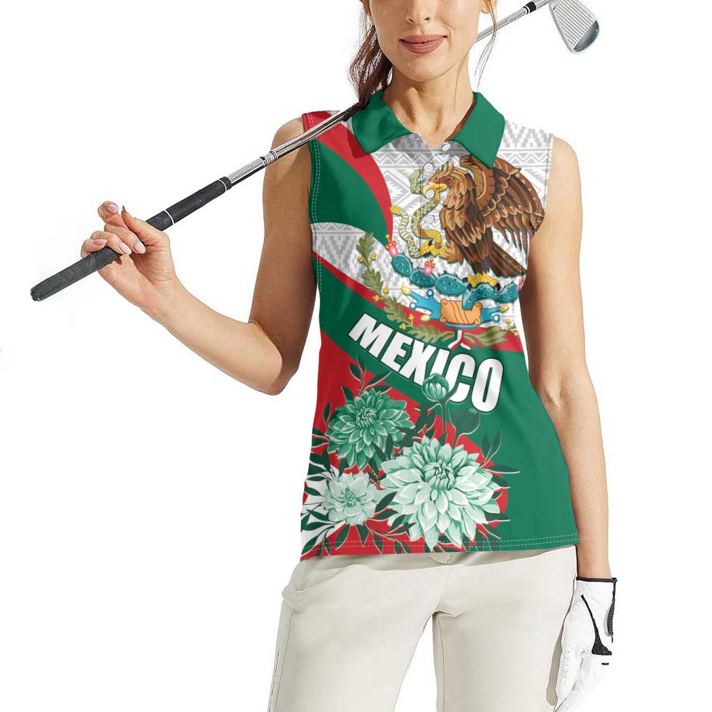 Mexico Independence Day Women Sleeveless Polo Shirt Dahlia Flower Aztec Pattern - Wonder Print Shop