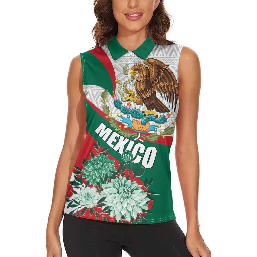 Mexico Independence Day Women Sleeveless Polo Shirt Dahlia Flower Aztec Pattern - Wonder Print Shop