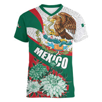 Mexico Independence Day Women V-Neck T-Shirt Dahlia Flower Aztec Pattern - Wonder Print Shop