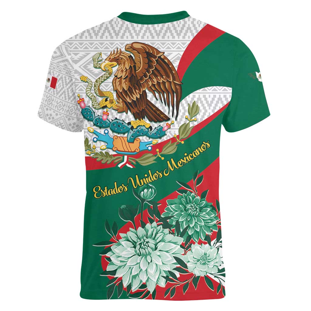 Mexico Independence Day Women V-Neck T-Shirt Dahlia Flower Aztec Pattern - Wonder Print Shop