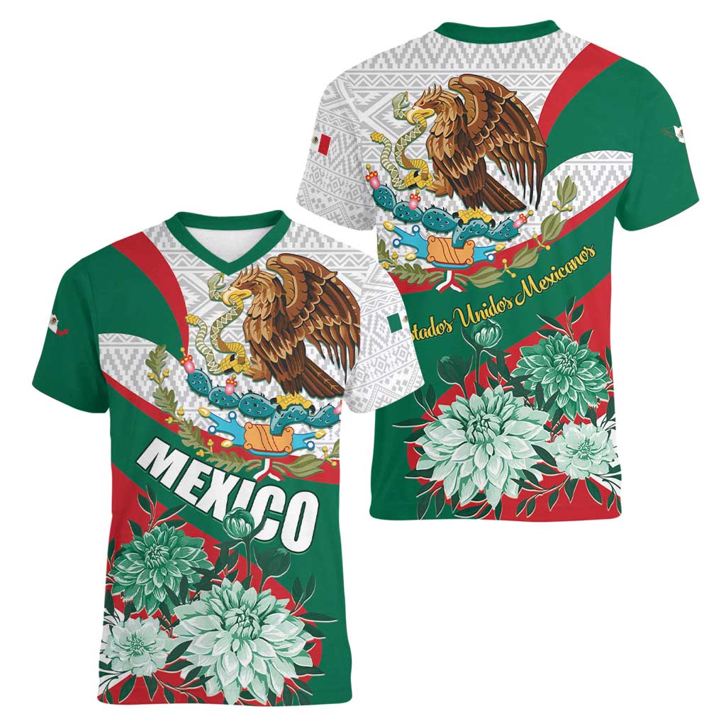 Mexico Independence Day Women V-Neck T-Shirt Dahlia Flower Aztec Pattern - Wonder Print Shop