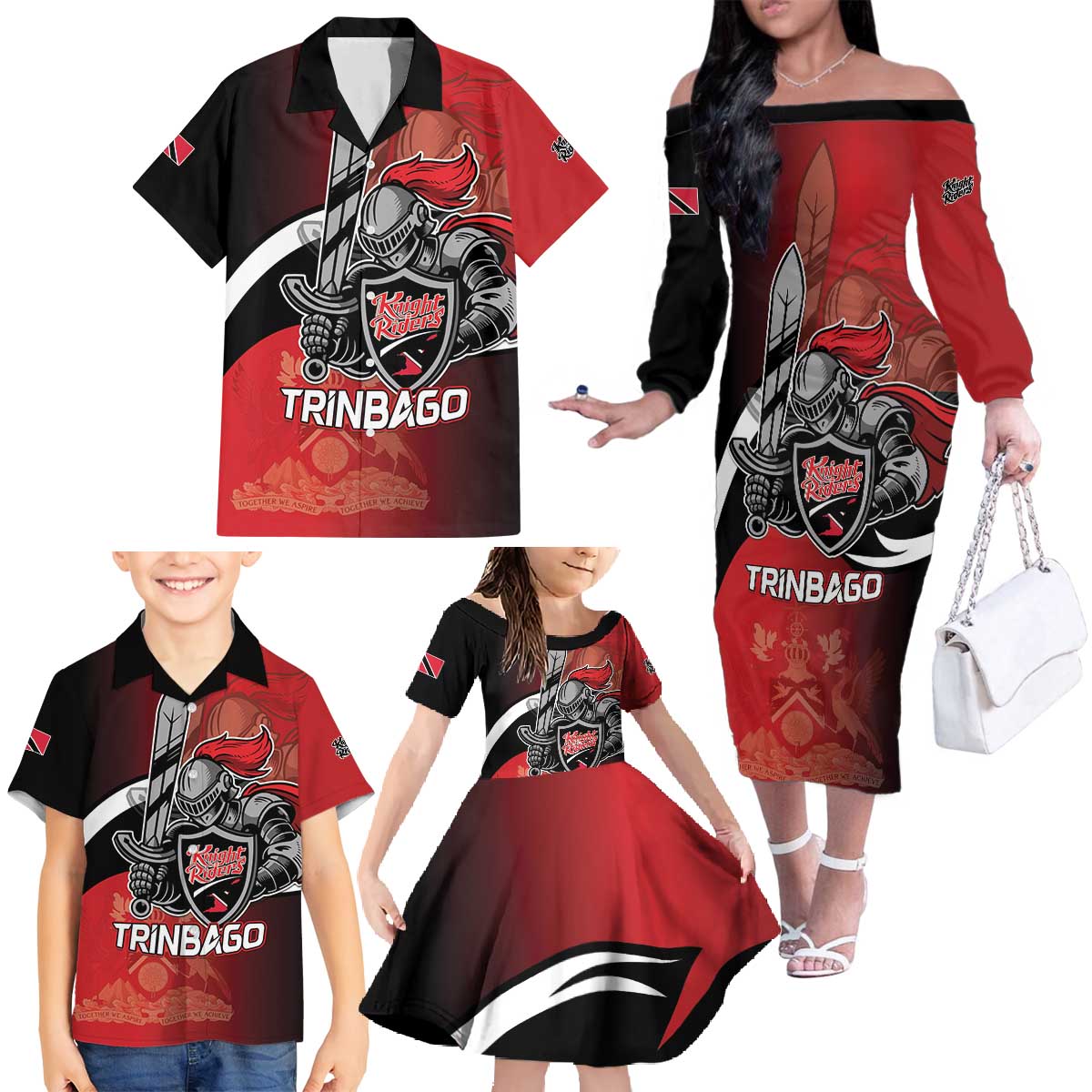 Custom Trinbago Cricket Knight Riders Family Matching Off The Shoulder Long Sleeve Dress and Hawaiian Shirt We Are TKR - Wonder Print Shop