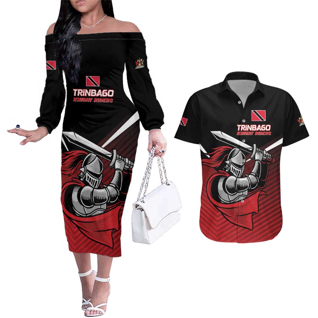 Custom Knight Riders Trinbago Cricket Couples Matching Off The Shoulder Long Sleeve Dress and Hawaiian Shirt Play Fight Win Repeat LT01