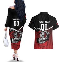 Custom Knight Riders Trinbago Cricket Couples Matching Off The Shoulder Long Sleeve Dress and Hawaiian Shirt Play Fight Win Repeat LT01
