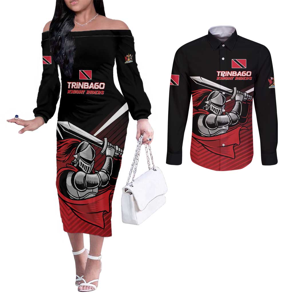 Custom Knight Riders Trinbago Cricket Couples Matching Off The Shoulder Long Sleeve Dress and Long Sleeve Button Shirt Play Fight Win Repeat LT01
