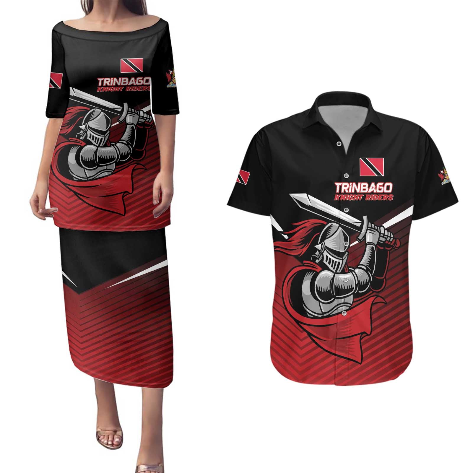 Custom Knight Riders Trinbago Cricket Couples Matching Puletasi and Hawaiian Shirt Play Fight Win Repeat LT01