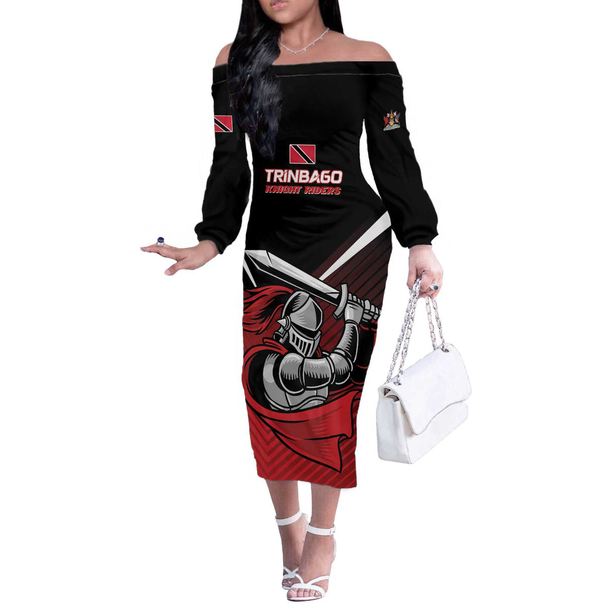 Custom Knight Riders Trinbago Cricket Off The Shoulder Long Sleeve Dress Play Fight Win Repeat LT01