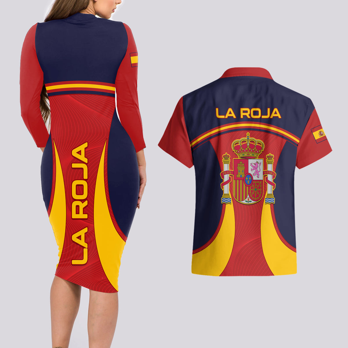 Spain Football Couples Matching Long Sleeve Bodycon Dress and Hawaiian Shirt La Roja 2024 Sporty Style - Wonder Print Shop