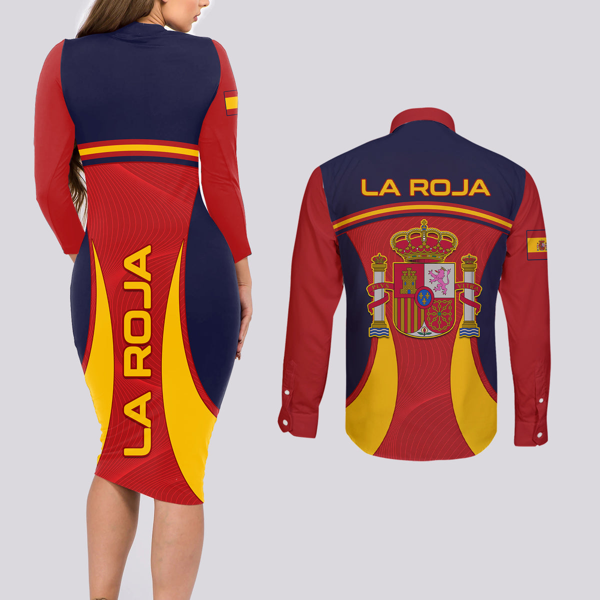 Spain Football Couples Matching Long Sleeve Bodycon Dress and Long Sleeve Button Shirts La Roja 2024 Sporty Style - Wonder Print Shop
