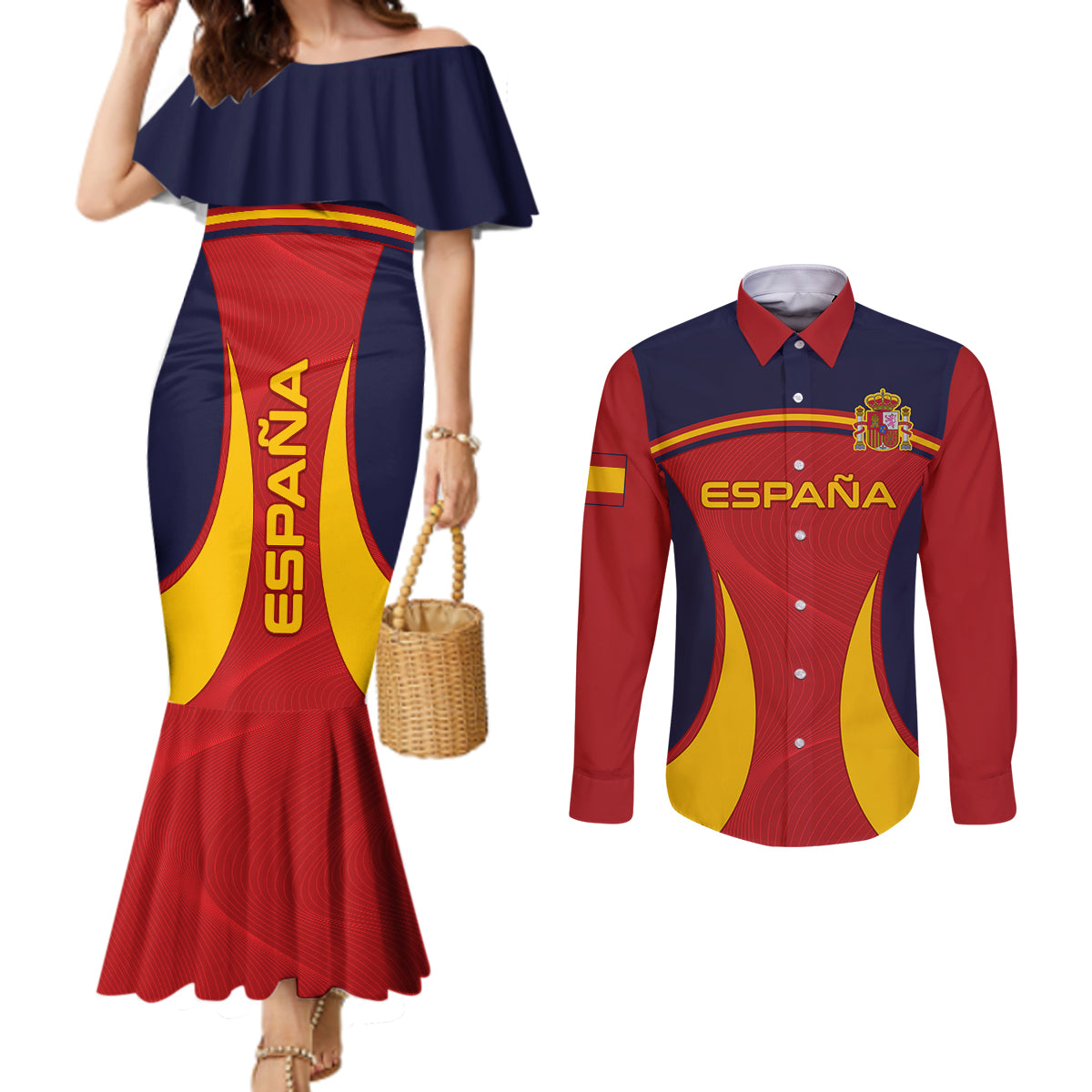 spain-football-couples-matching-mermaid-dress-and-long-sleeve-button-shirts-la-roja-2023-sporty-style